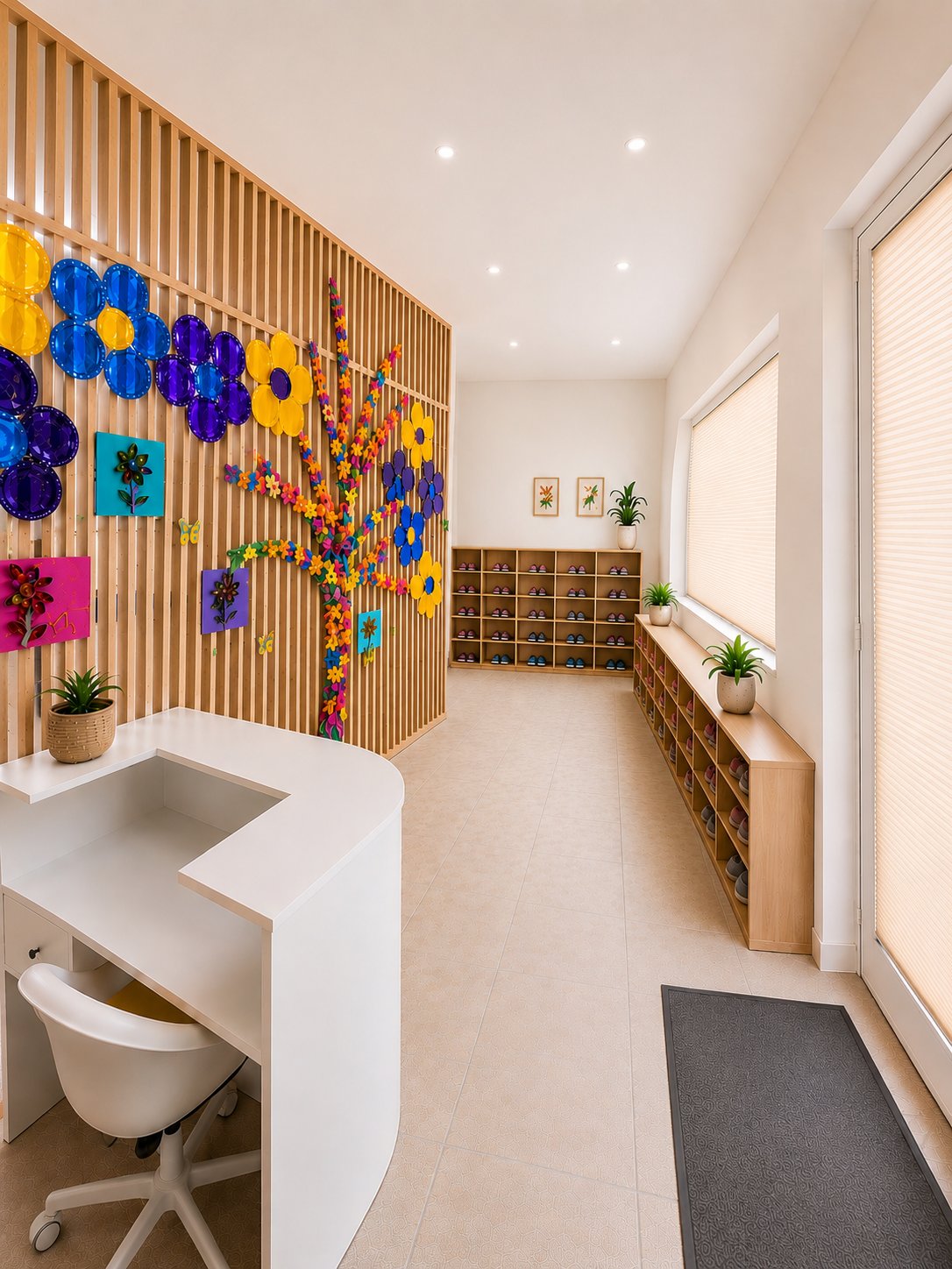 Espace d'accueil et entrée d'Atypi'kids à Tanger, hall lumineux avec bureau de réception, cloison ajourée en lattes de bois ornée d'un arbre coloré en fleurs réalisé par les élèves, casiers à chaussons individuels, exposition d'œuvres d'enfants, ambiance chaleureuse et inspirée de la pédagogie scandinave