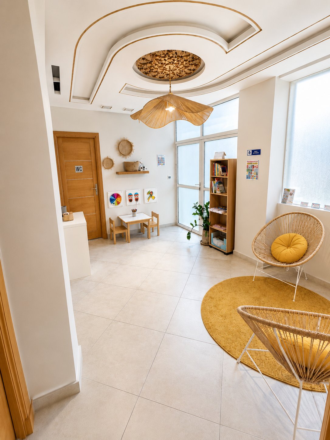 Salle d'attente du pôle thérapeutique Atypi'kids à Tanger, espace lumineux avec luminaire suspendu en raphia design scandinave, fauteuils ronds en rotin aux coussins jaunes, tapis circulaire ocre, petite table et chaises pour enfants, bibliothèque, ambiance apaisante et chaleureuse pour l'accueil des familles