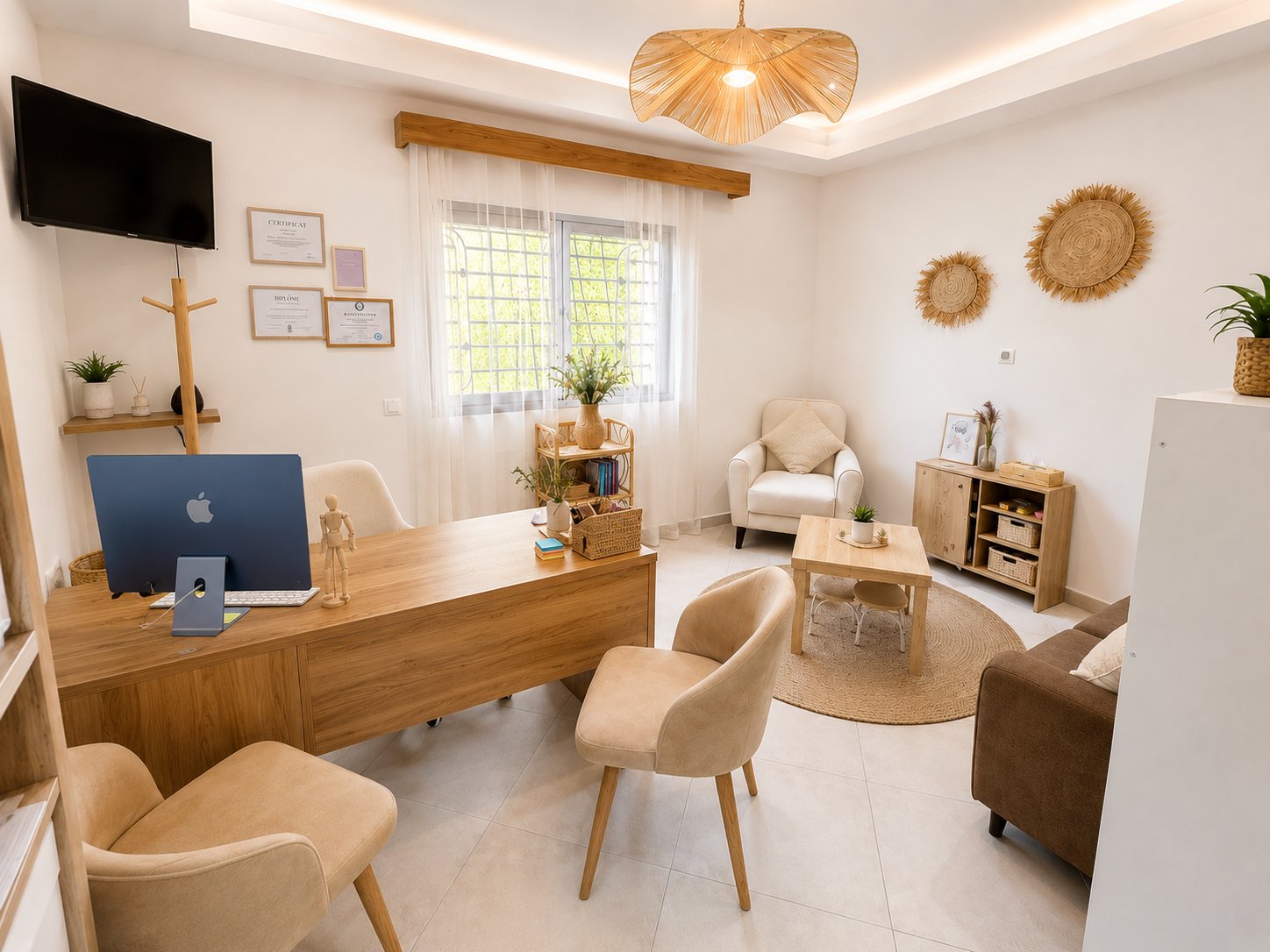 Bureau d'une thérapeute Atypi'kids à Tanger, cabinet professionnel avec iMac, diplômes et certificats encadrés au mur, coin entretien avec fauteuils crème, table basse en bois et tapis rond, espace dédié aux consultations d'orthophonie, orthopédagogie, psychomotricité et neuropsychologie