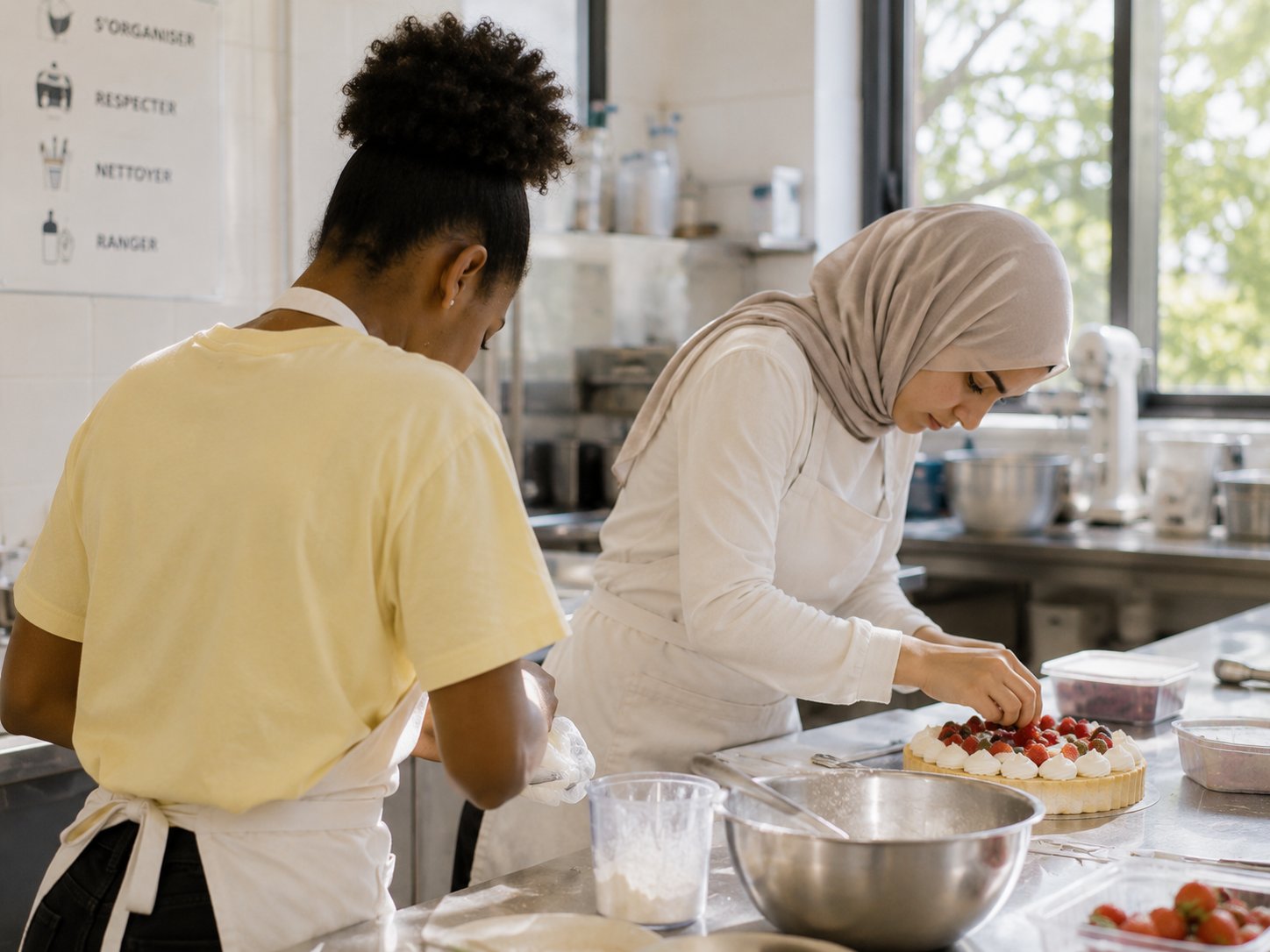 Atelier pâtisserie professionnel à Atypi'kids, deux collégiennes en tabliers blancs, l'une en tee-shirt jaune et l'autre en hijab, dressent une tarte aux fraises avec chantilly dans une cuisine pédagogique équipée, règles affichées s'organiser respecter nettoyer ranger, spécialisation professionnelle dès la 5e à Tanger