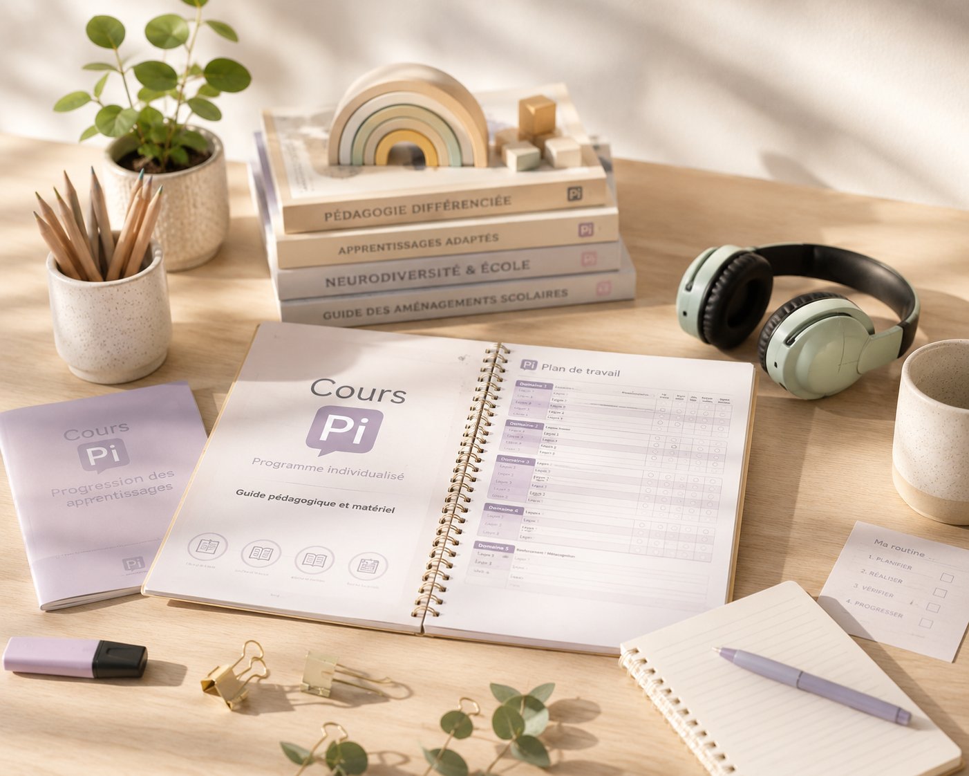 Programme officiel Cours Pi à Atypi'kids, cahier Cours Pi Programme individualisé ouvert sur un plan de travail, manuels Pédagogie différenciée, Apprentissages adaptés, Neurodiversité et école, Guide des aménagements scolaires, ambiance bureau scandinave avec casque antibruit, surligneur lavande, agréé Académie de Versailles