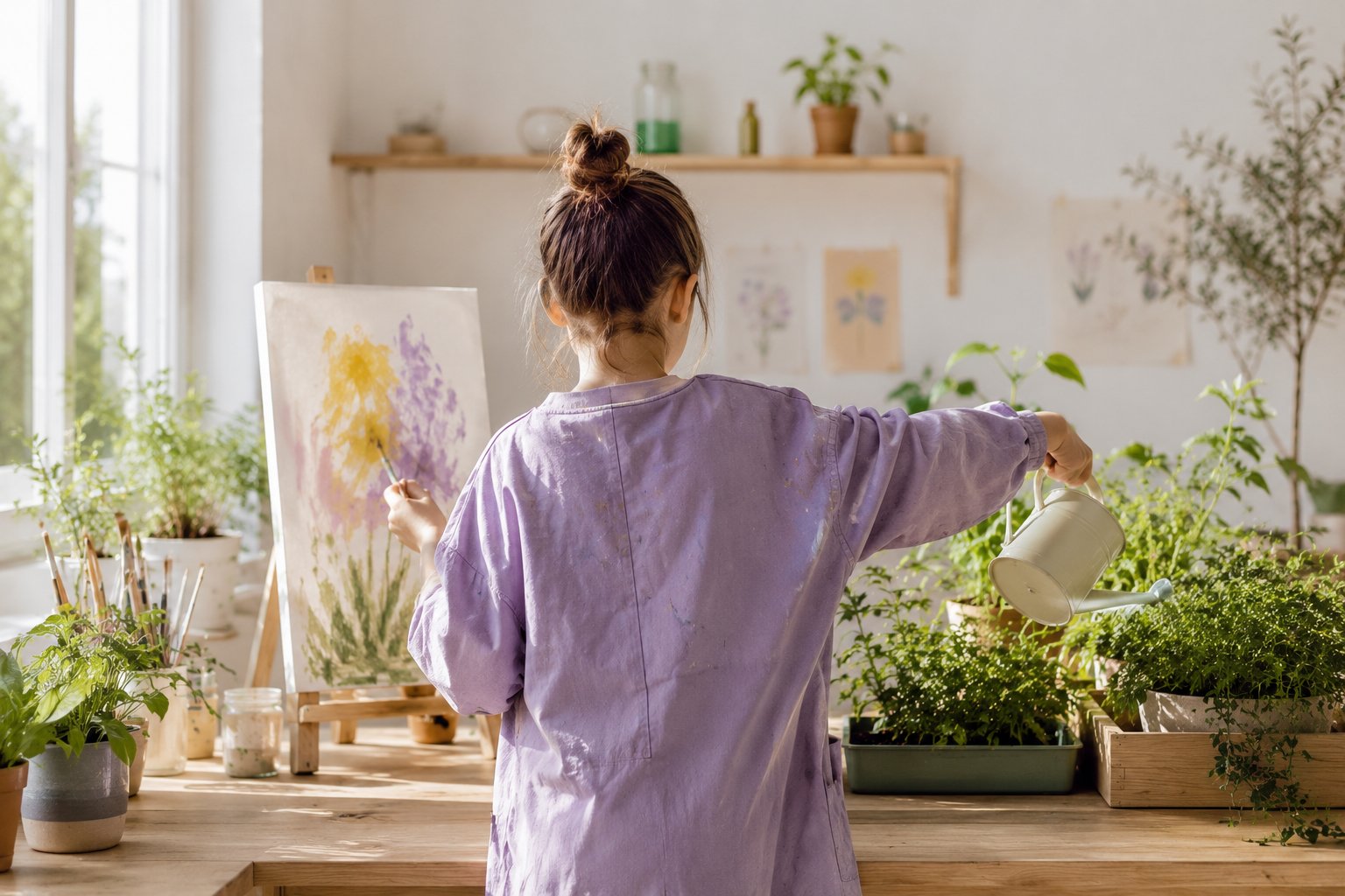 École de la Vie EDLV à Atypi'kids, élève en blouse lavande peignant un tableau aquarelle de fleurs sur chevalet tout en arrosant ses plantes, atelier créatif et sensoriel baigné de lumière, planches botaniques au mur, herbes aromatiques, apprentissage par projet artistique et vivant à Tanger