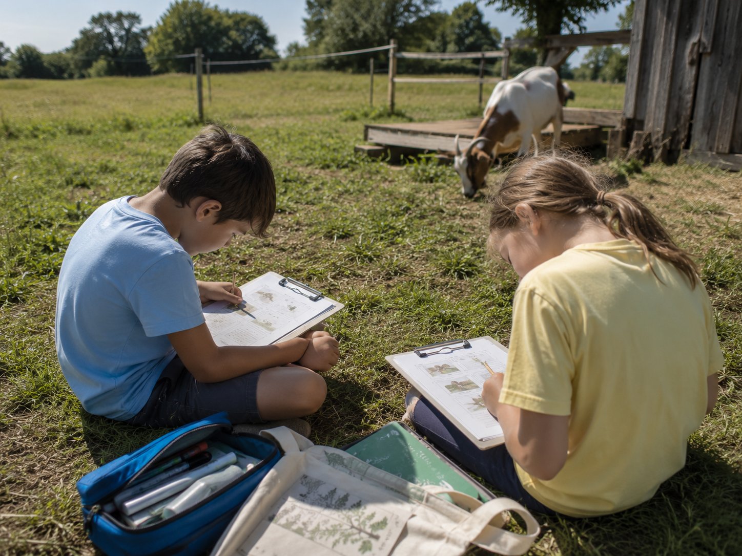 Classe nature du mercredi à la ferme pédagogique de Darna, deux élèves d'Atypi'kids en t-shirts bleu ciel et jaune, assis dans l'herbe, dessinant et observant une chèvre qui broute près de la grange, sacs en toile et carnets de naturaliste, outdoor learning scandinave et médiation animale à Tanger