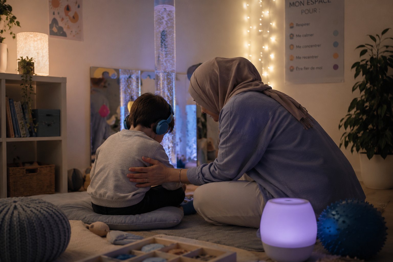 Salle Snoezelen d'Atypi'kids, éducatrice en hijab apaisant un élève portant un casque antibruit, ambiance tamisée, colonne à bulles, affiche Mon espace pour respirer me calmer me concentrer, accompagnement thérapeutique des enfants neuro-atypiques à Tanger