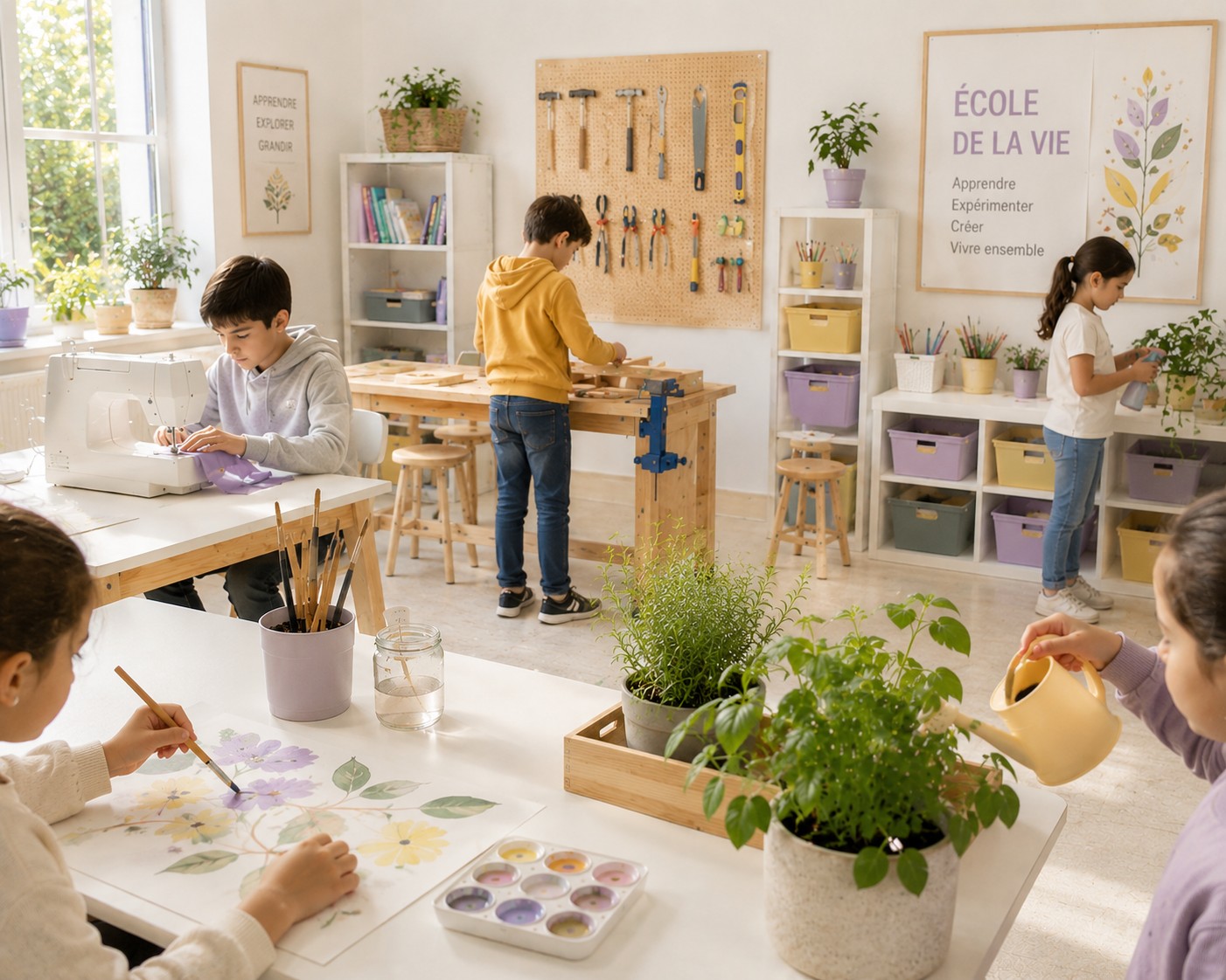 Atelier École de la Vie à Atypi'kids à Tanger, quatre élèves engagés dans des activités créatives et manuelles : couture à la machine, travail du bois sur établi avec pegboard d'outils, peinture aquarelle de fleurs, soin des plantes aromatiques à l'arrosoir, posters pédagogiques École de la vie et Apprendre Explorer Grandir, ambiance scandinave lumineuse aux tons lavande et jaune