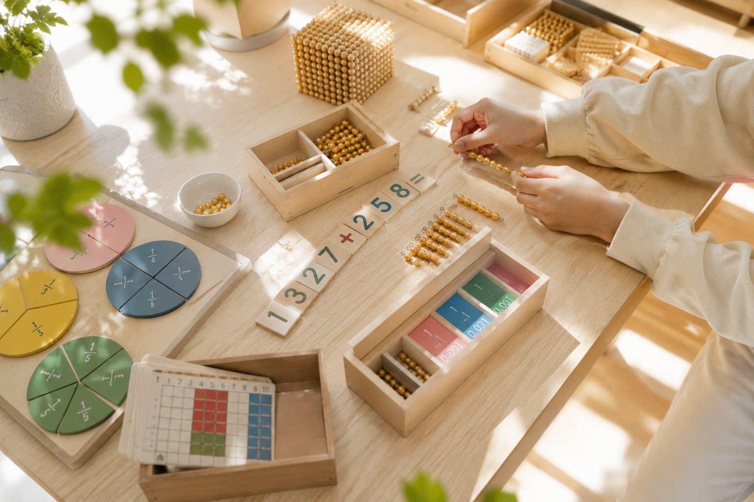 Apprentissage kinesthésique à Atypi'kids, matériel Montessori manipulatif sur table en bois : perles dorées du système décimal, cubes, fractions colorées en disques lavande jaune bleu et vert, additions manipulables avec chiffres mobiles, élève en pull crème, pédagogie sensorielle et concrète à Tanger