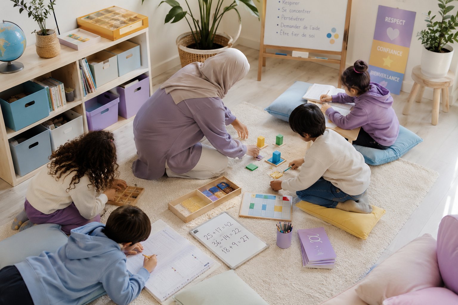 Atelier Montessori à Atypi'kids, éducatrice en hijab accompagnant quatre élèves autour de matériel pédagogique manipulatif, calcul mental, tour rose, perles dorées, apprentissage kinesthésique scandinave à Tanger