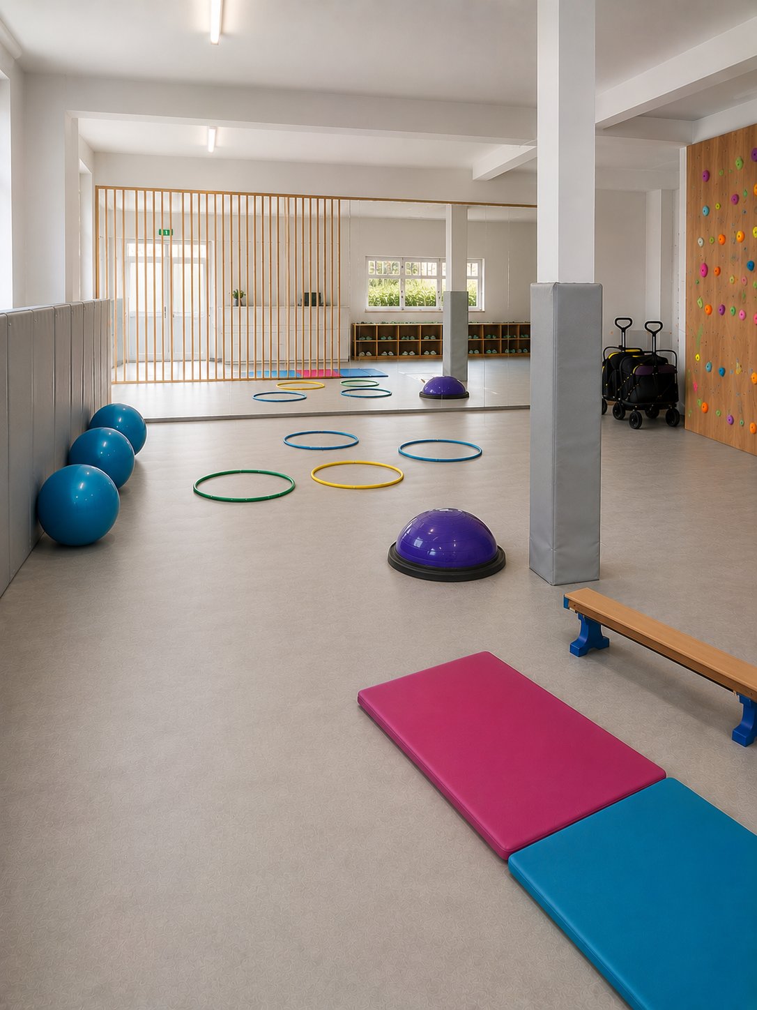 Salle de motricité Atypi'kids à Tanger, mur d'escalade coloré, tapis de gymnastique, ballons d'équilibre, cerceaux multicolores, demi-sphères bosu, banc de gym, miroirs et barre de danse, espace dédié aux activités motrices et sensorielles adaptées