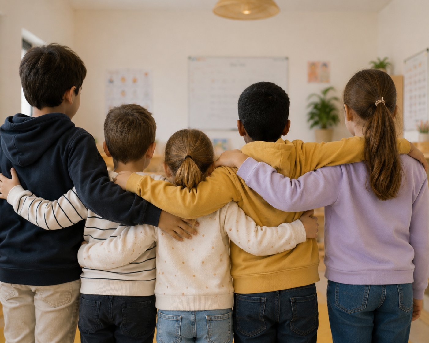 Classes multi-niveaux décloisonnées à Atypi'kids, cinq élèves d'âges différents vus de dos, se tenant par les épaules en signe d'entraide et de solidarité, pulls jaune lavande et marine aux couleurs du logo, salle de classe inclusive à Tanger, pédagogie multi-âge scandinave