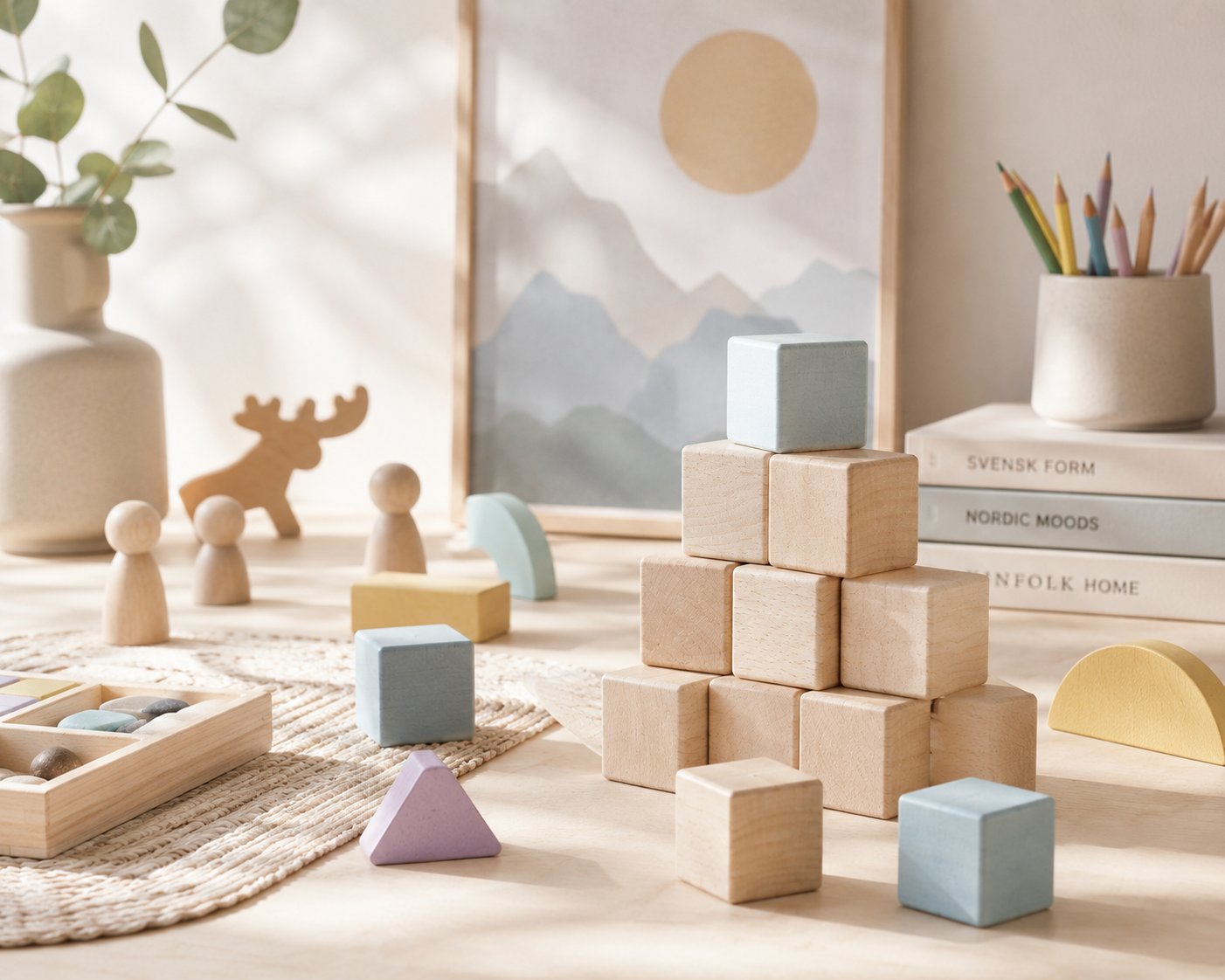 Pédagogie scandinave à Atypi'kids, matériel pédagogique en bois clair, cubes, figurines, élan, blocs colorés pastel lavande ciel et jaune, livres design nordique Svensk Form, Nordic Moods et Hinfolk Home, plante eucalyptus, esthétique scandinave authentique au service de l'apprentissage à Tanger