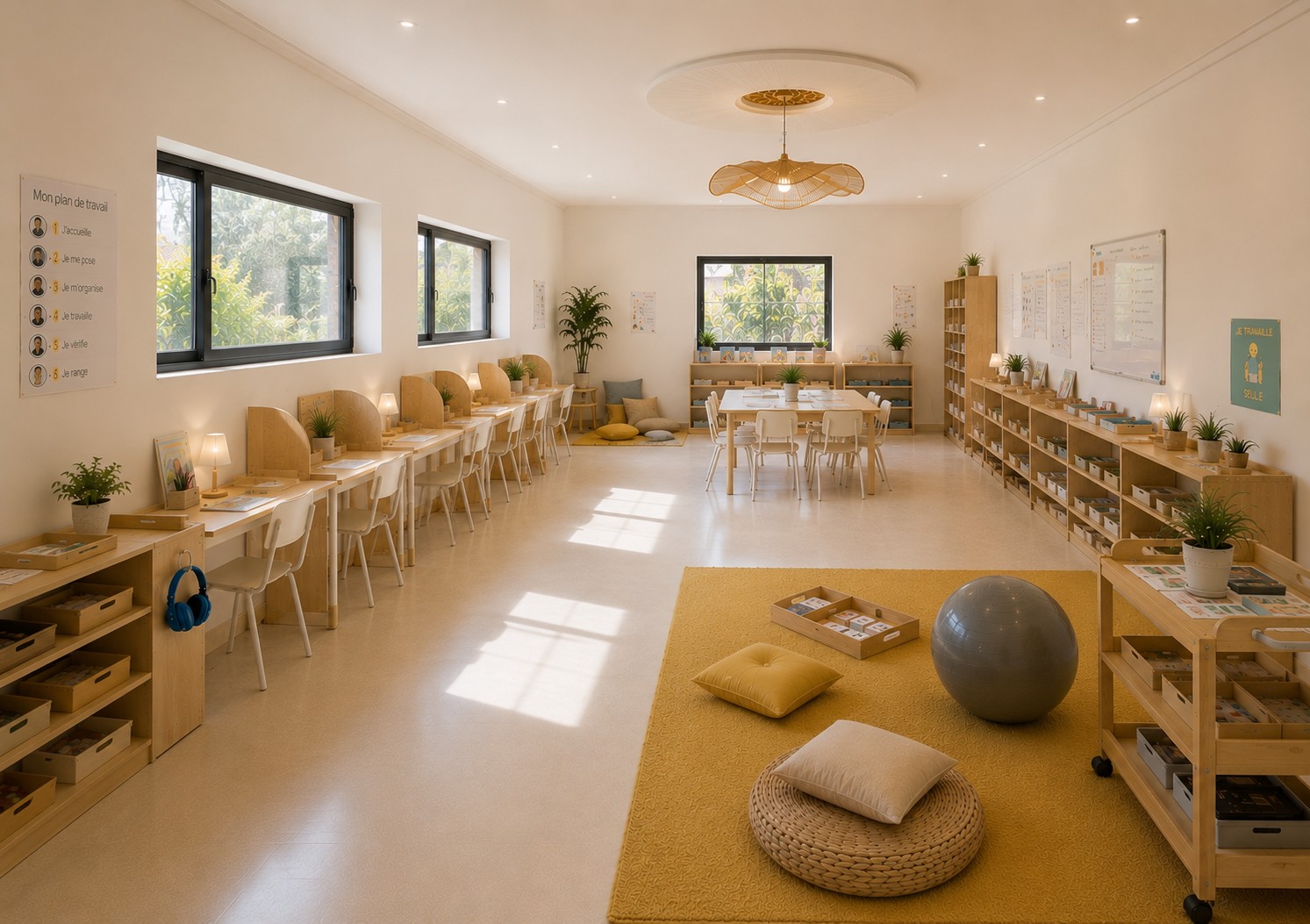 Salle ULIS Atypi'kids à Tanger, vue d'ensemble lumineuse avec rangée de bureaux individuels en bois clair sous les fenêtres, tapis jaune central avec coussins et ballon d'équilibre, étagères de matériel pédagogique différencié, table de travail collectif au fond, panneau Mon plan de travail en six étapes, ambiance scandinave, première unité ULIS du Maroc